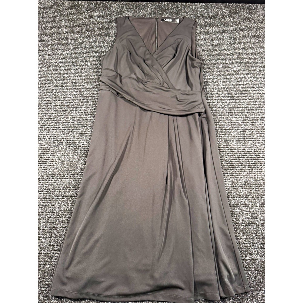 Lauren Ralph Lauren Womens 14 Black Faux Wrap Ruched Sleeveless Midi Dress
